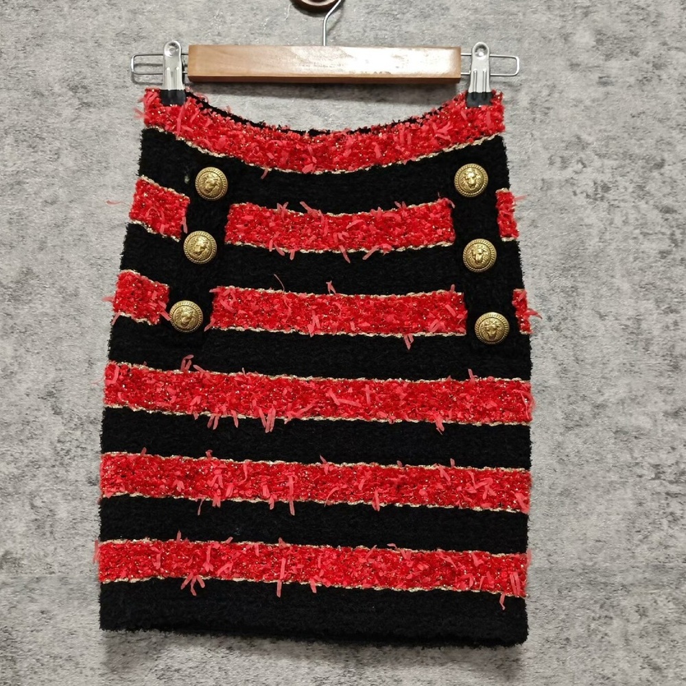 🚩steal authentic Balmain Red and Black Striped Mini Skirt with Gold Buttons